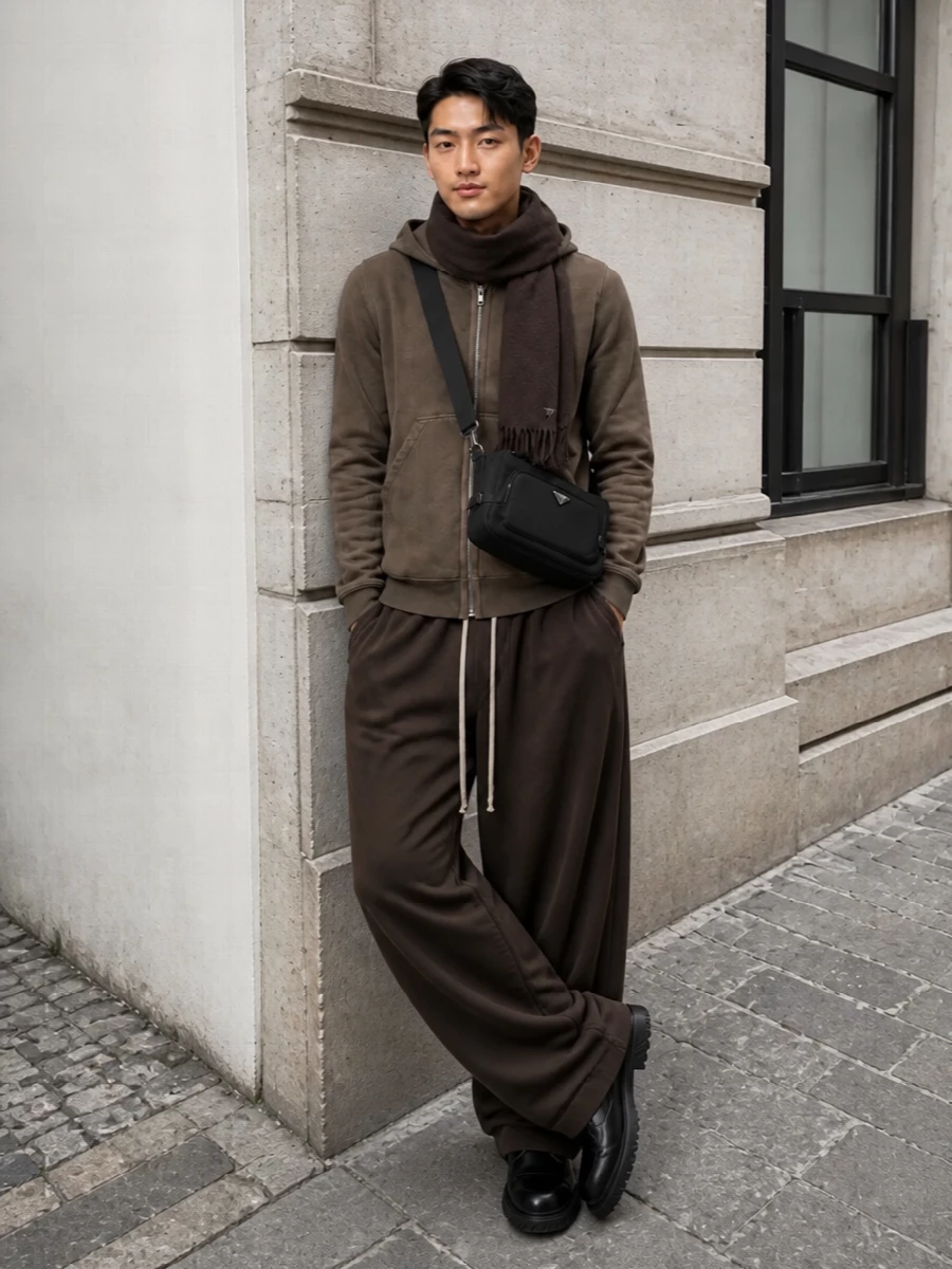 Rick owens drkshdw brown hoodie wide trousers outfit