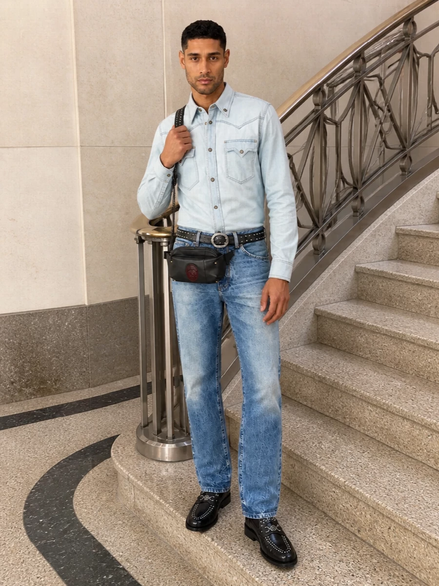Versace double denim outfit studded loafers