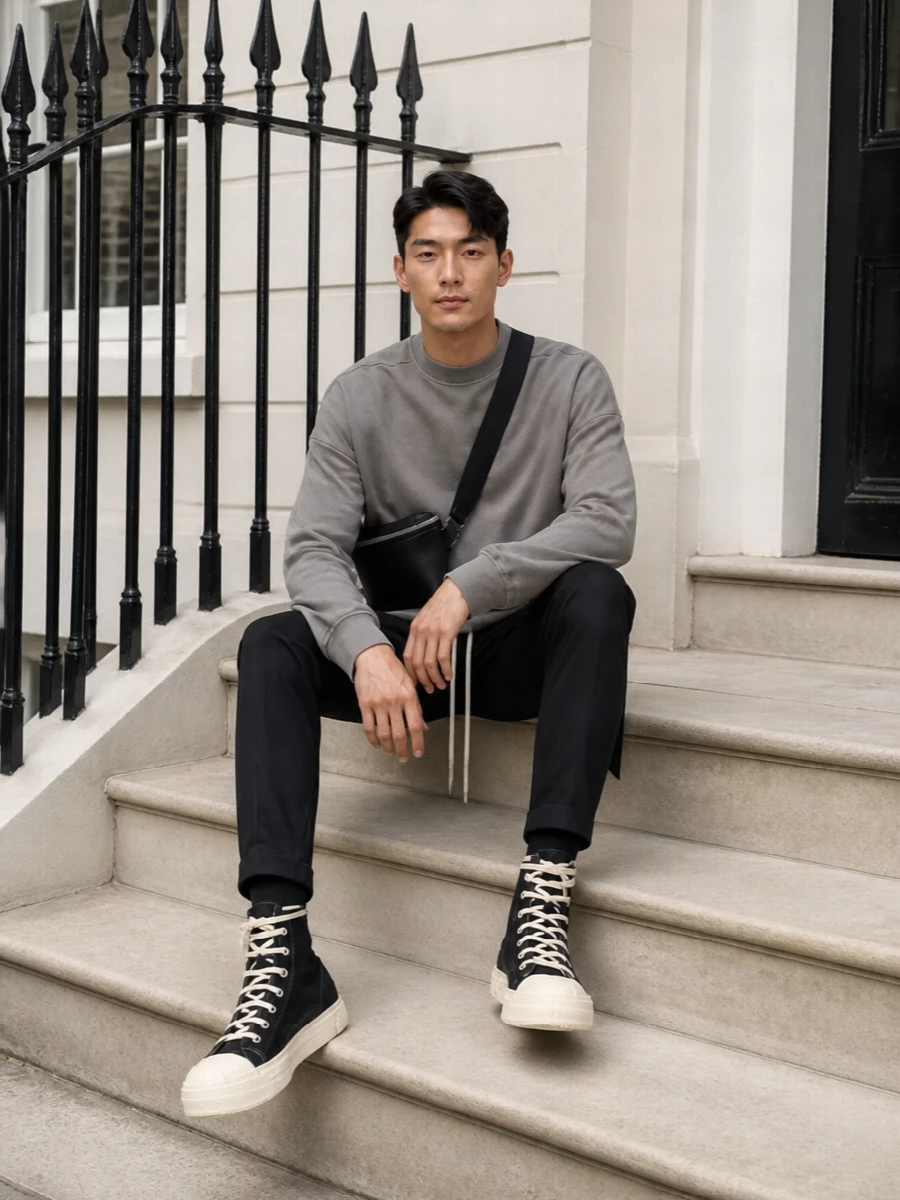 Rick owens drkshdw grey tee black pants high tops