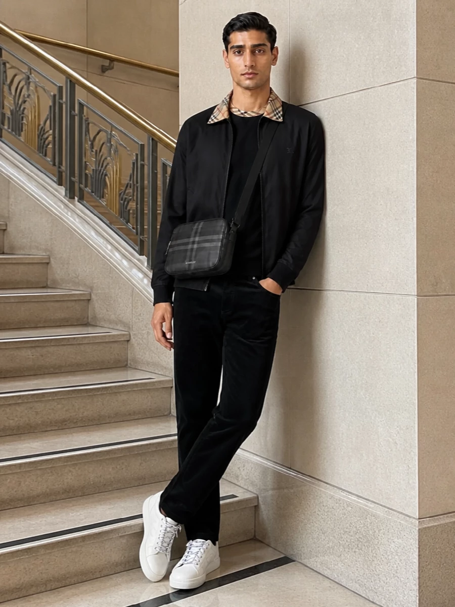 Burberry black bomber outfit white sneakers
