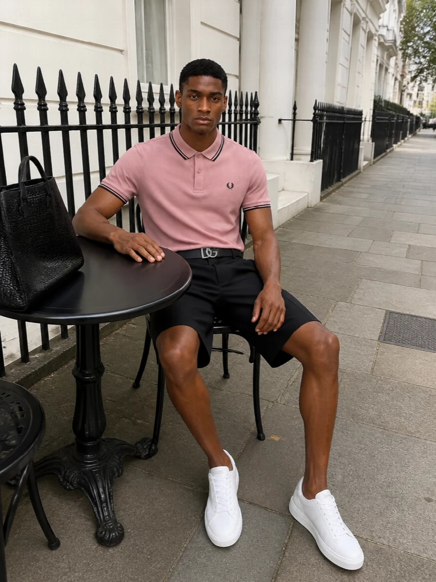 Comme des garcons polo black tailored shorts outfit