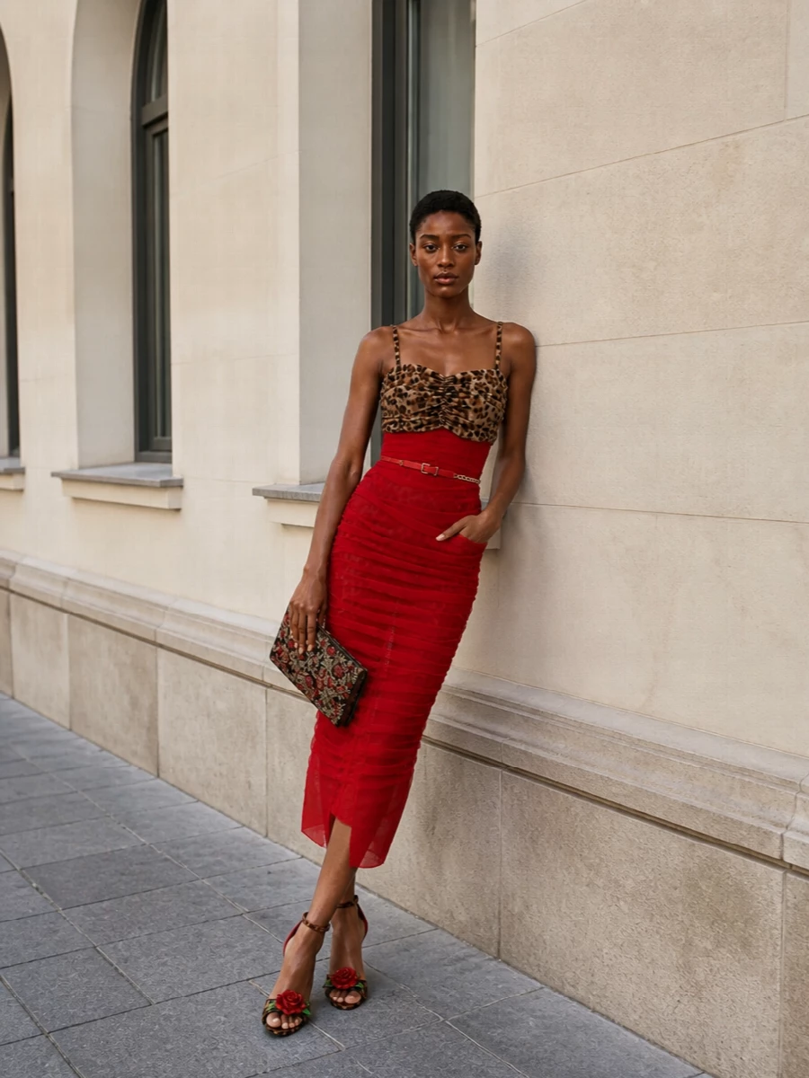 Dolce gabbana leopard red midi dress evening outfit
