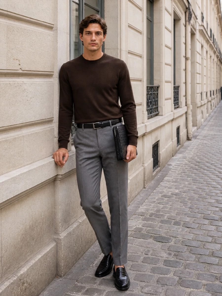 Pt torino grey trousers brown knit bottega bag