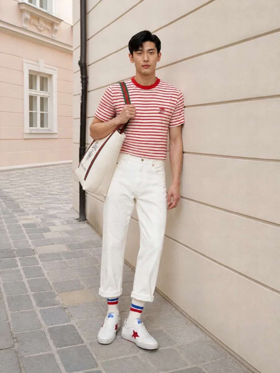 Golden goose striped tee off white jeans sneakers