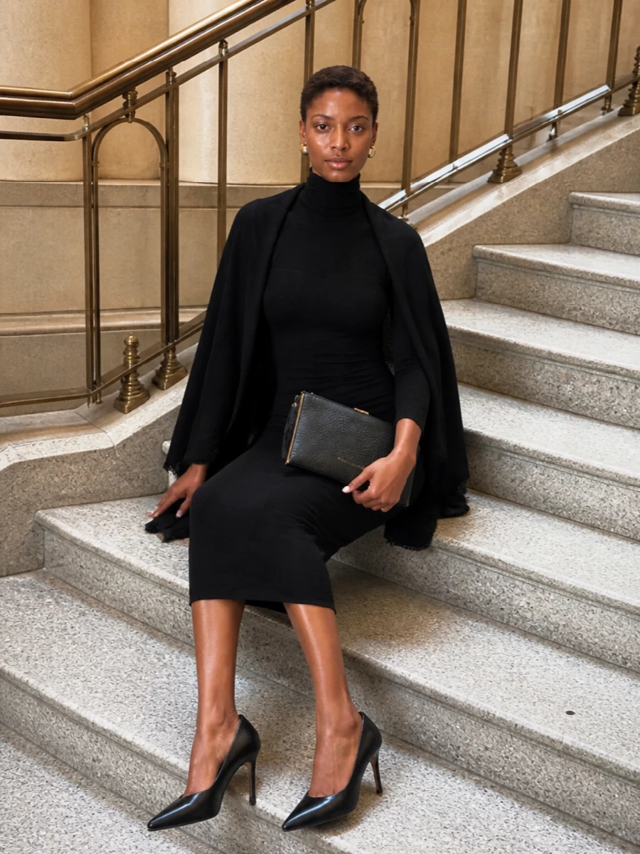 Elisabetta franchi black turtleneck midi dress outfit
