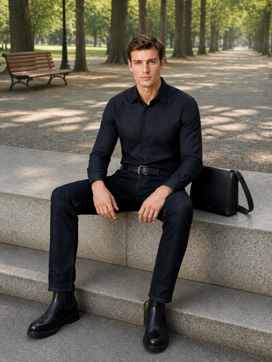 Dolce gabbana dark jeans navy shirt outfit