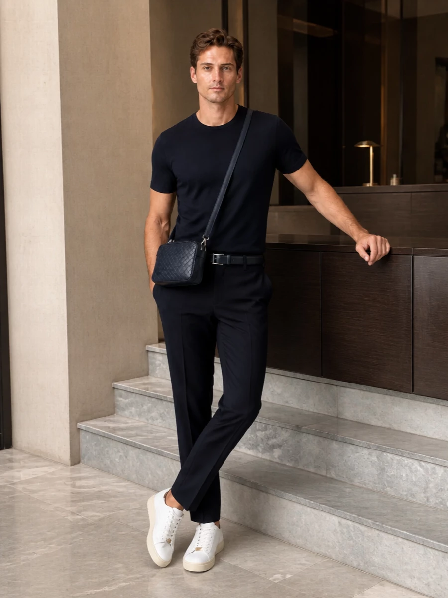 Valentino navy trouser outfit white sneakers