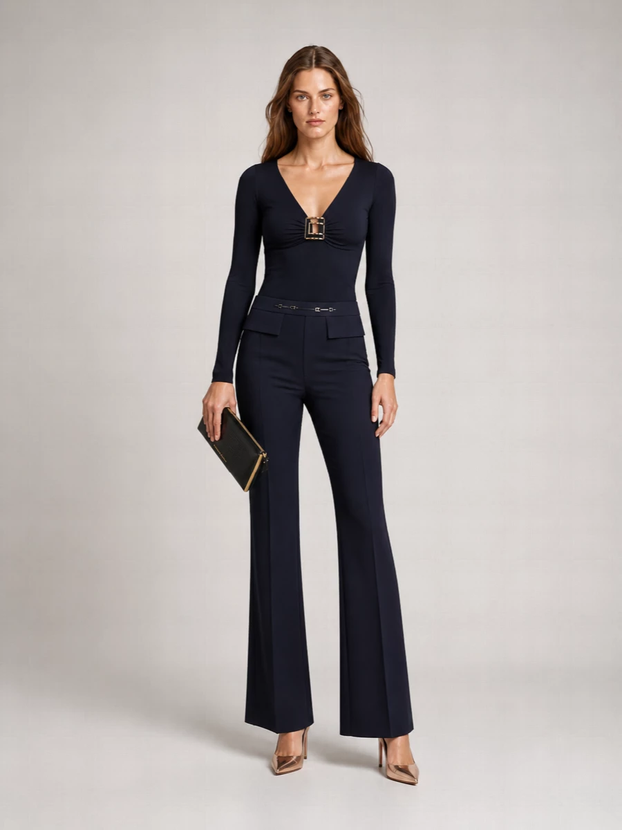 Elisabetta Franchi Draped V-Neck Long-Sleeve Top