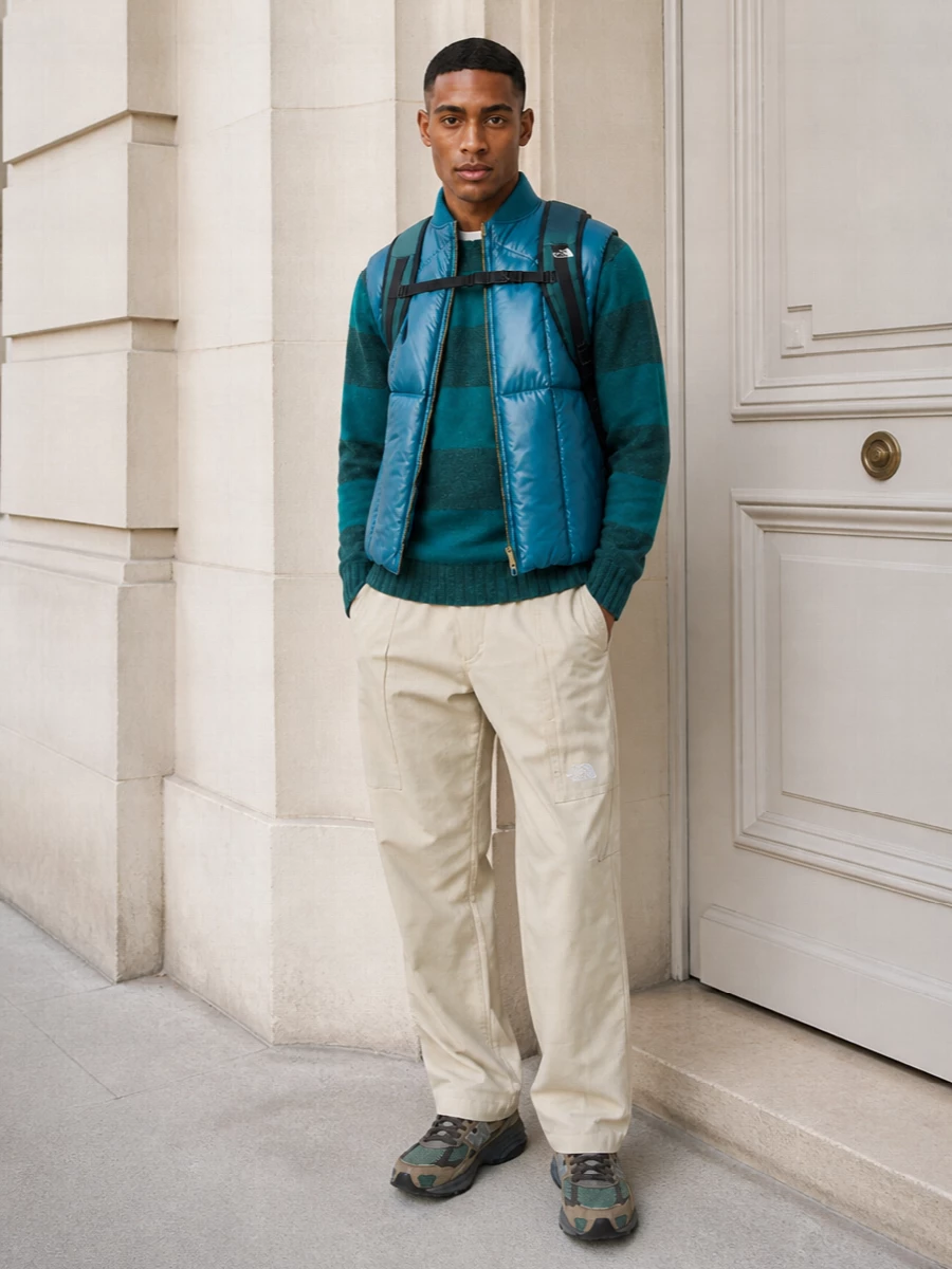 A teal‑driven trail story that feels graphic but grounded, built around Japanese outdoor prep and technical gear. The striped knit and padded gilet double down on colour, while beige utility trousers and chunky runners keep it easy to wear on city days that move outside the grid.