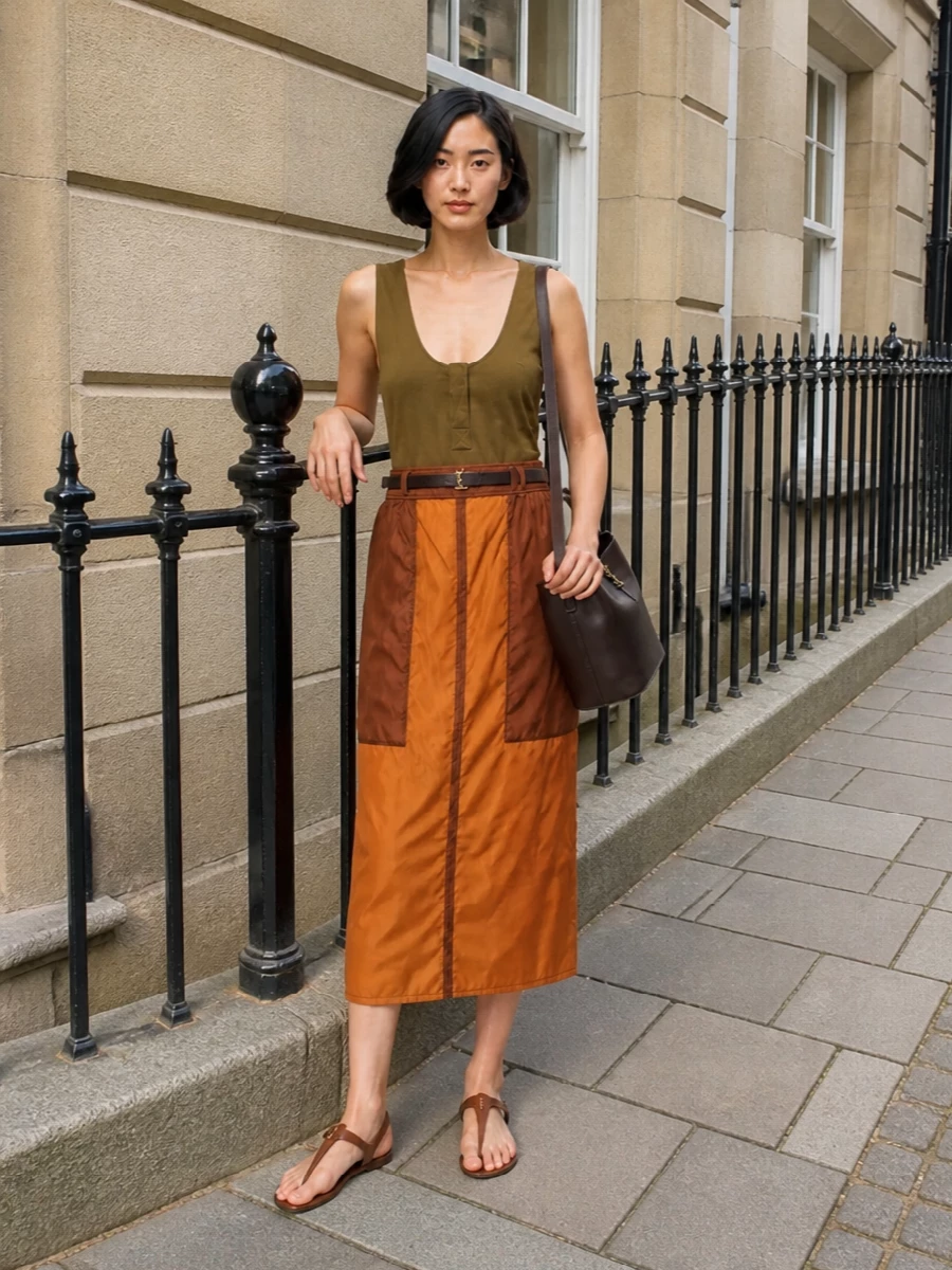 A warm, utilitarian palette runs through the technical skirt and khaki tank, keeping the line long, lean and unfussy. Flat brown leather sandals and a chocolate bucket tote add polish without tipping into formality, while a slim belt subtly defines the waist and echoes the hardware. It feels like easy warm-weather city dressing with a distinctly Parisian, minimalist finish.