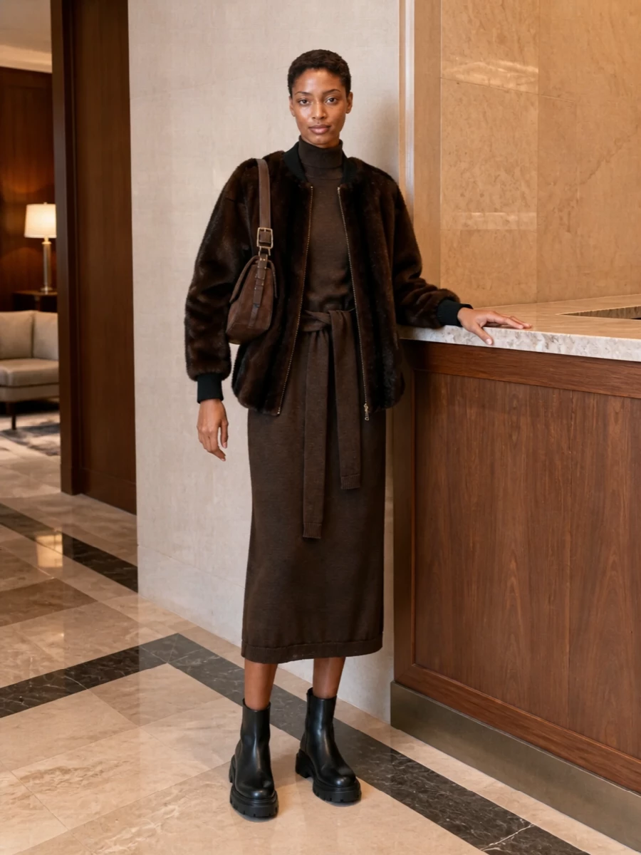 Ermanno faux fur coat lemaire knit dress outfit
