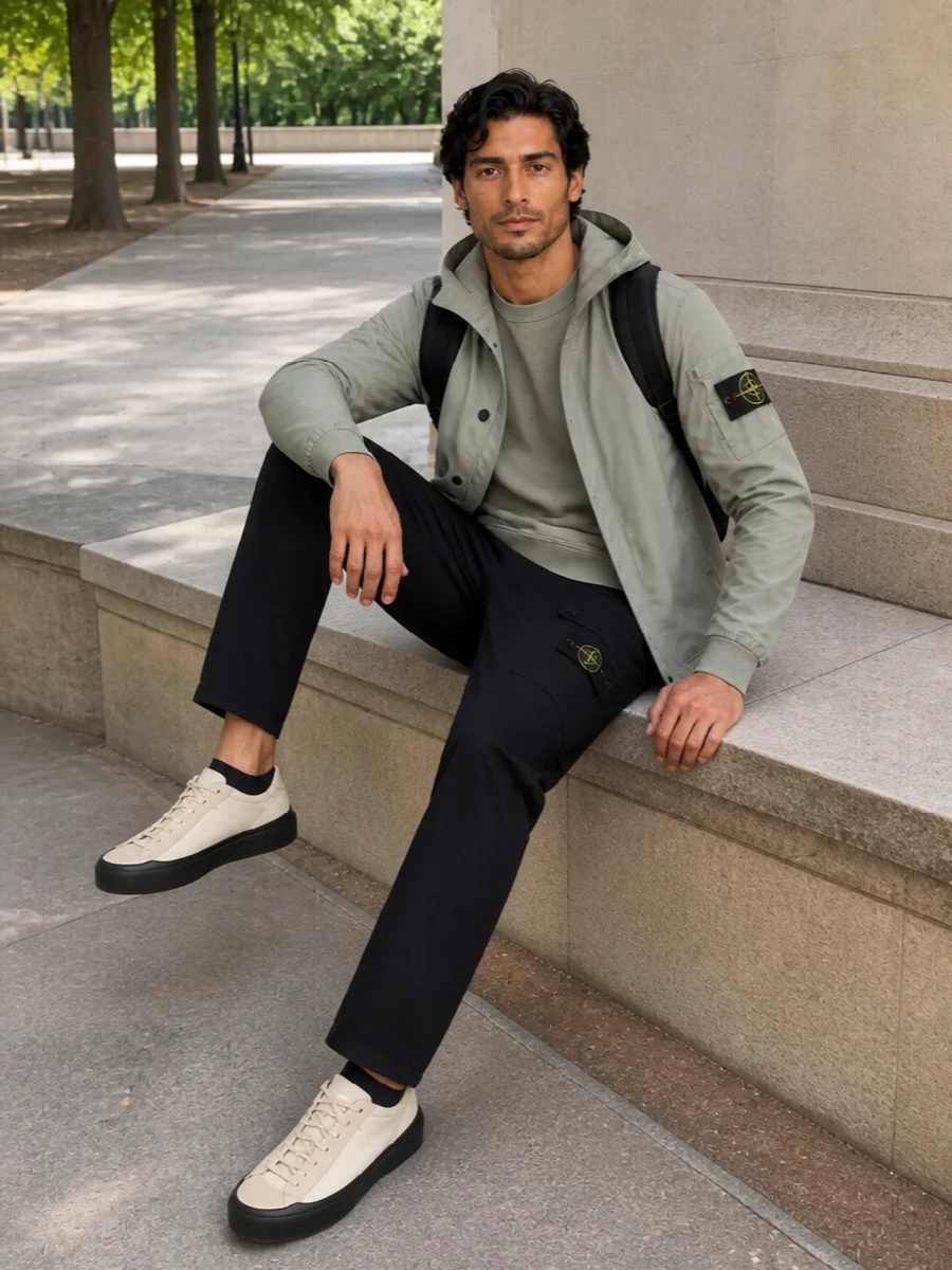 Soft sage on top of deep black builds a calm, technical streetwear uniform with clear lines and no noise. The straight cargo, tonal crew and mesh sneaker keep everything practical for city movement while the backpack quietly reinforces the Stone Island language. It reads modern, low-key and ready for long days on the go without ever feeling overbuilt.