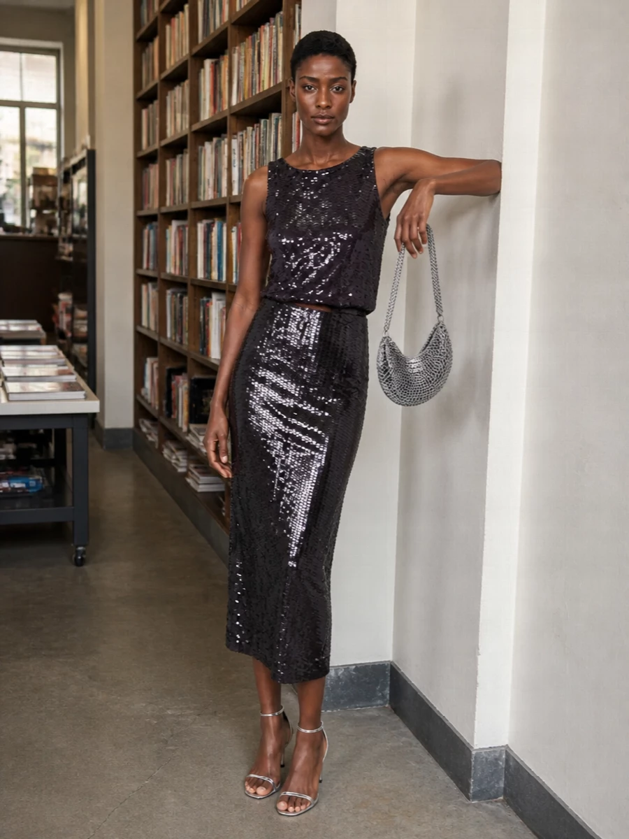 Parosh sequin tank midi skirt silver heels
