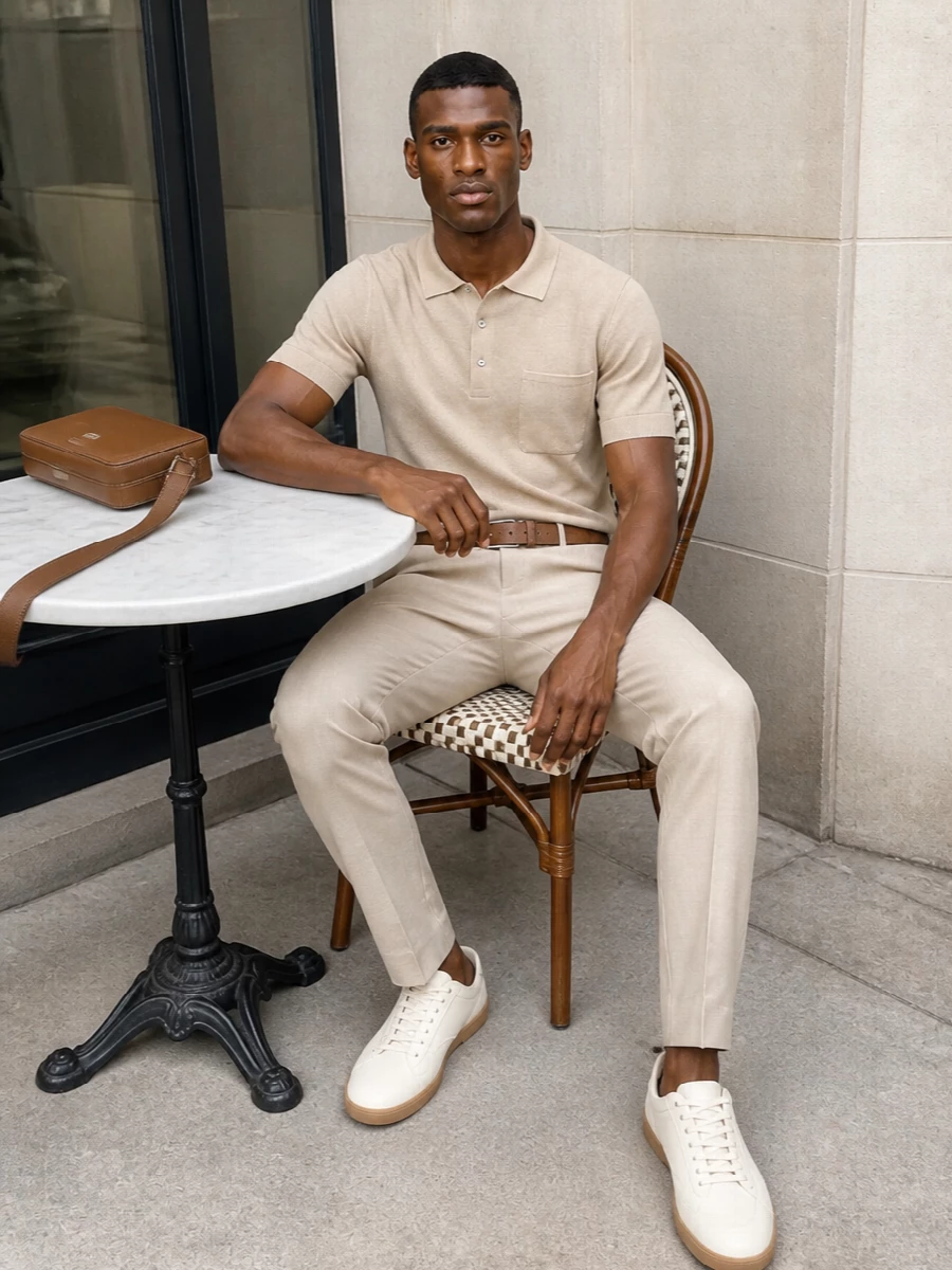 Zegna camel polo beige trousers cream sneakers