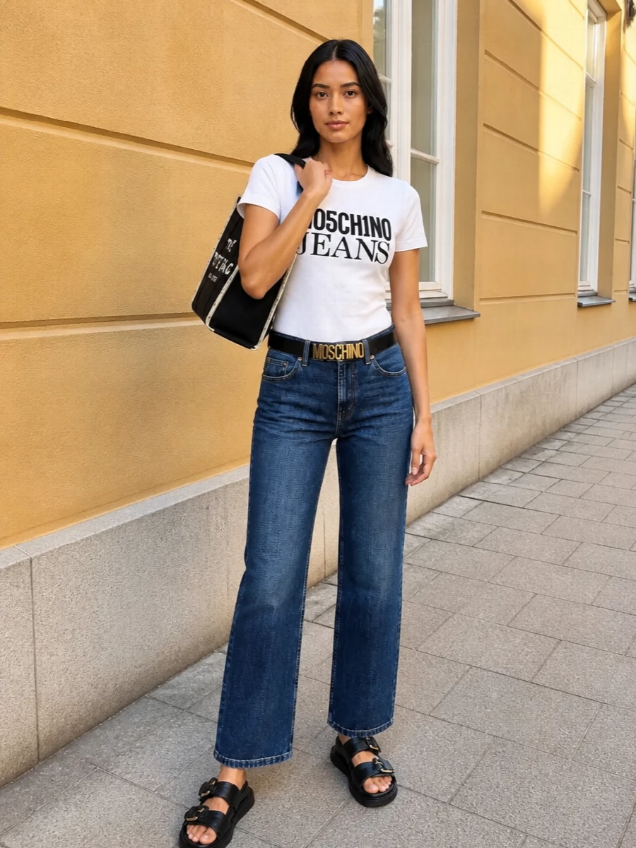 A crisp Moschino tee meets straight-leg indigo denim for a clean, graphic take on casual days. Black logo slides and a structured Marc Jacobs tote keep the palette tight while the Moschino belt adds a single, polished flash of gold. The result is a logo-forward streetwear outfit that still feels neat and easy for city wear.