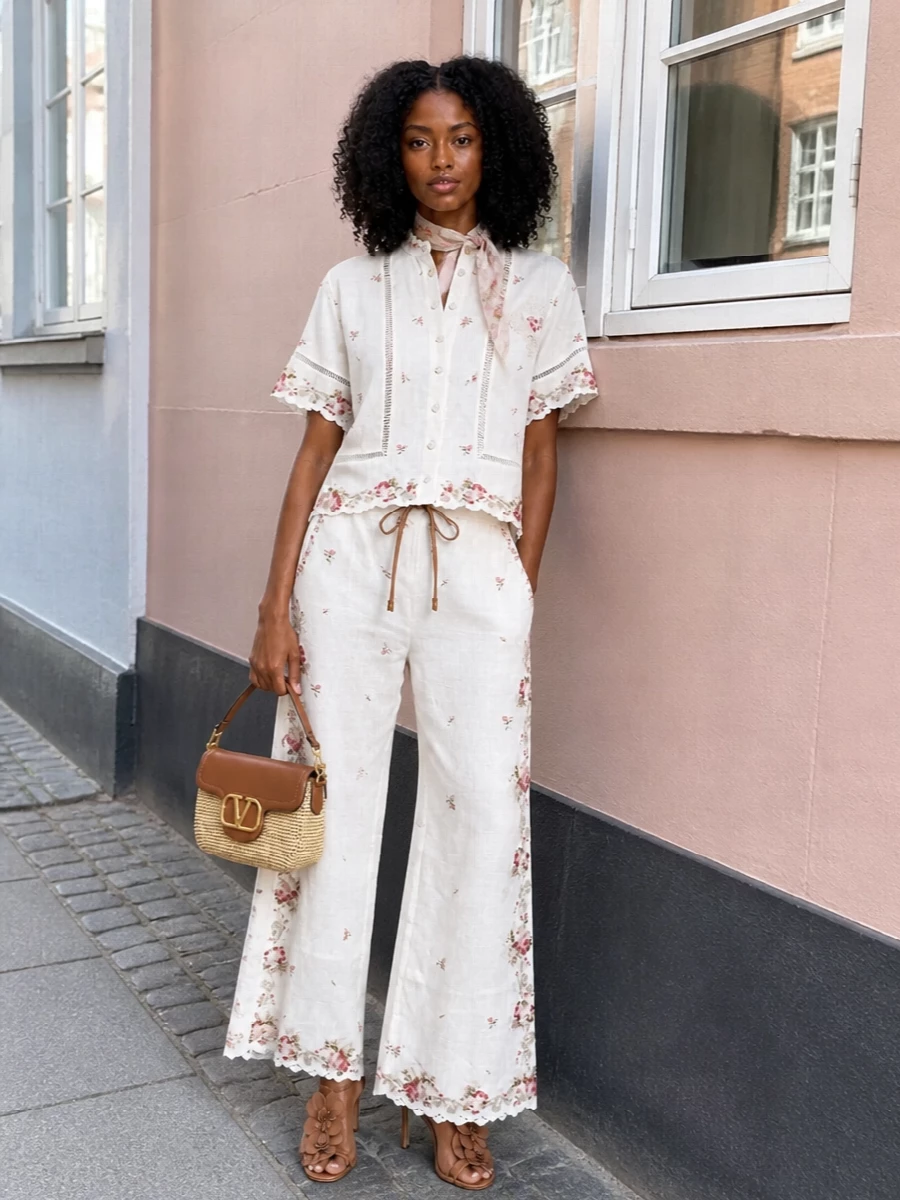 A romantic Zimmermann shirt is paired with trailing embroidered trousers for a soft, elongated silhouette that still feels relaxed enough for daytime. Tan floral-strapped sandals and a refined raffia shoulder bag bring warm neutrals and subtle texture, while a gauzy floral scarf adds a barely-there wash of colour around the face. The result is a quiet, garden-ready ensemble that reads feminine, polished and languidly summery.
