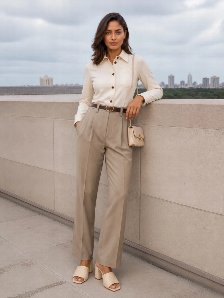 Bottega veneta beige tailored trousers outfit
