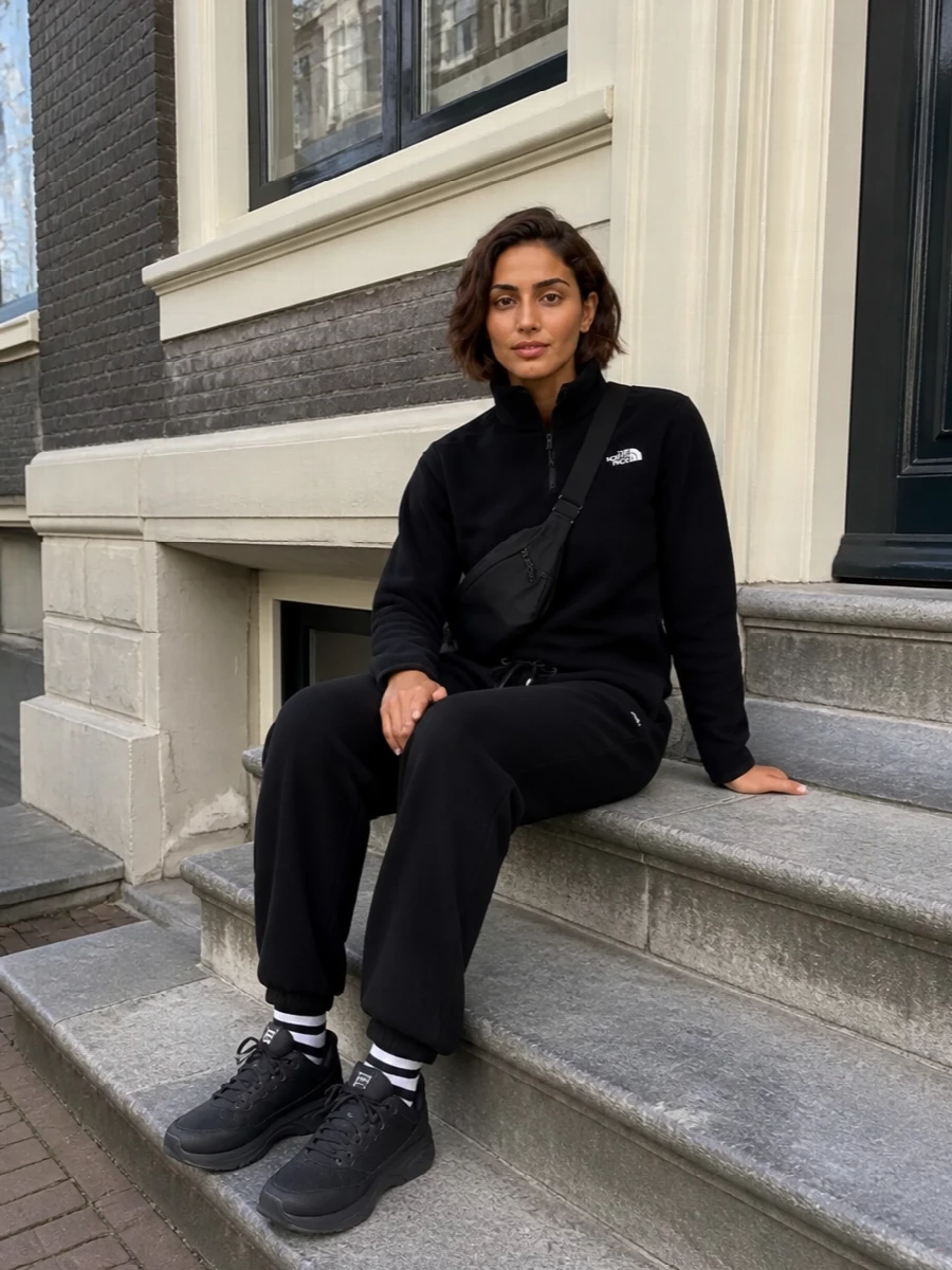 The north face black fleece track pant outfit