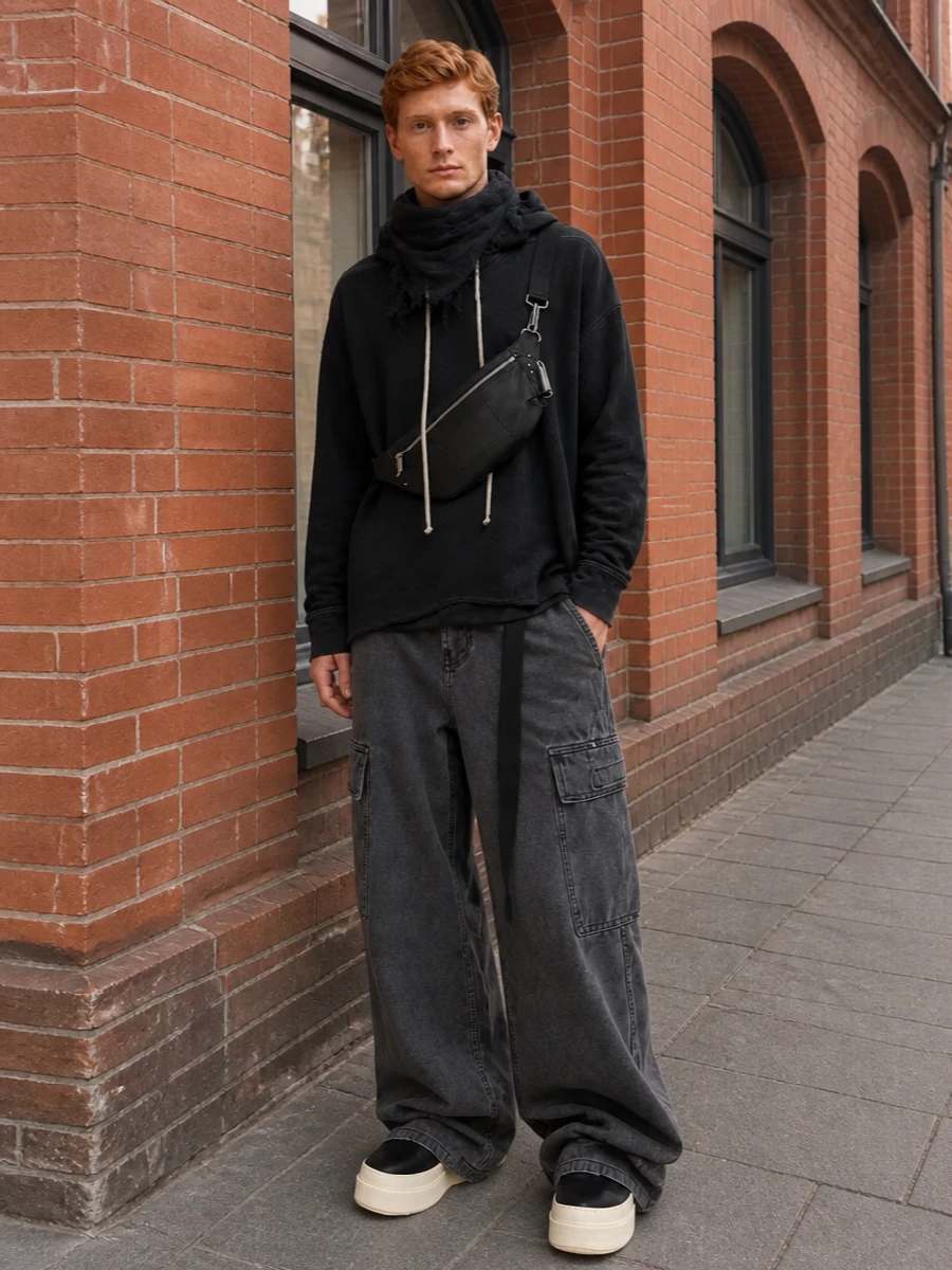 Rick owens cargo pants black hoodie high top sneakers