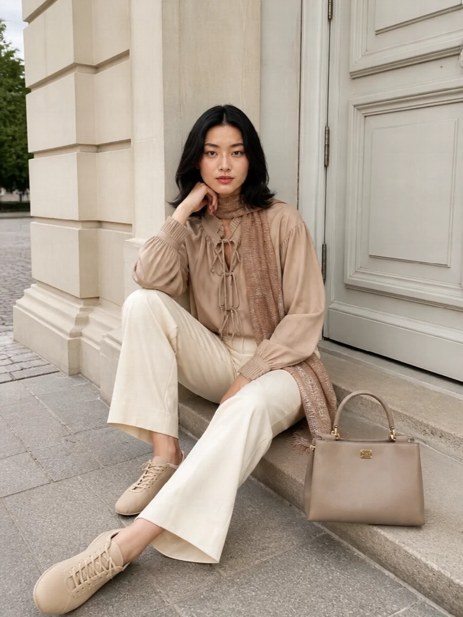Warm neutrals and soft structure keep this Dries Van Noten blouse grounded, pairing elegantly with fluid cream tailoring for a refined, romantic take on daytime polish. A sculpted taupe top-handle and whisper-light rose-tan scarf add just enough texture and formality for gallery visits that turn into dinner. The result is relaxed, elongated and quietly luxurious without feeling precious.