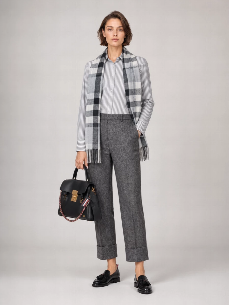 A crisp Thom Browne striped shirt meets heathered charcoal cuffed trousers for a uniform-inspired take on office tailoring. Glossy black loafers and a structured top-handle bag sharpen the line, while the soft grey check scarf adds a discreet winter layer that keeps the palette cool and controlled. The result is a quietly authoritative ensemble that reads polished from client meetings to late-afternoon gallery visits.