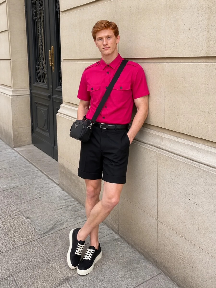Prada fuchsia shirt black tailored shorts outfit