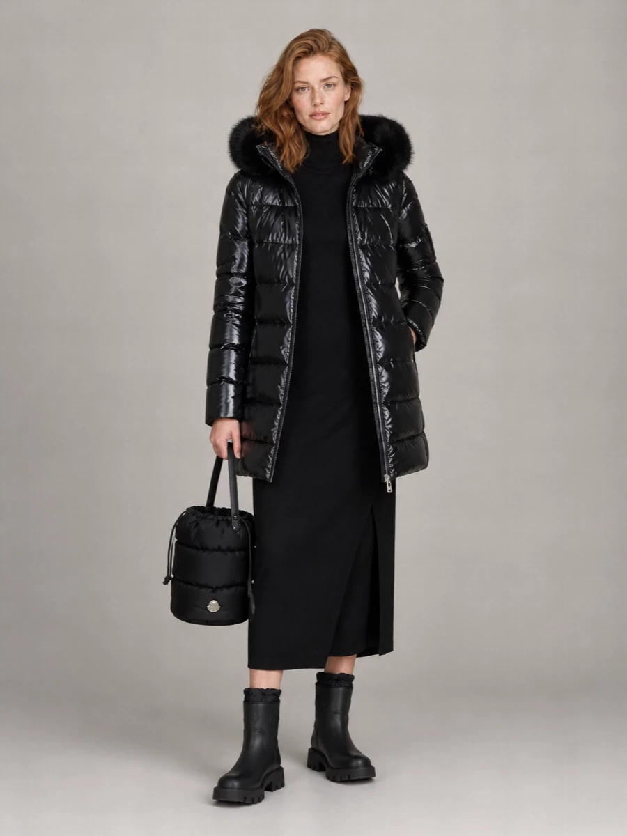 I am styling the Moose Knuckles puffer with a single knit dress rather than top and bottom, because the long, clean column keeps the glossy coat feeling sharp instead of bulky. The Parosh black midi, Moncler lug boots, and padded bucket bag create a monochrome, technical-meets-minimalist winter ensemble that moves easily from cold commutes to dinner without a change. Texture does the talking here, so the palette can stay deep and quietly confident.