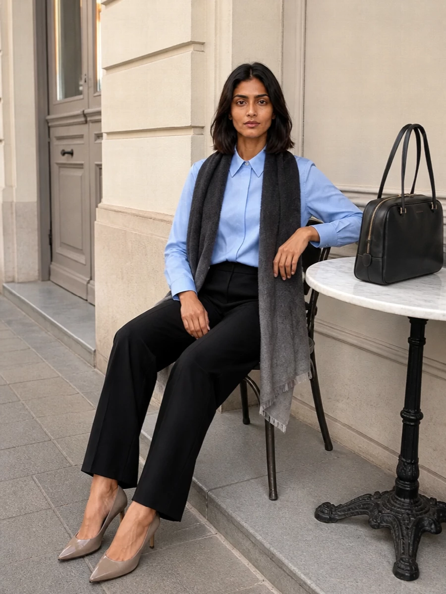 Jil sander blue shirt black wide leg trousers