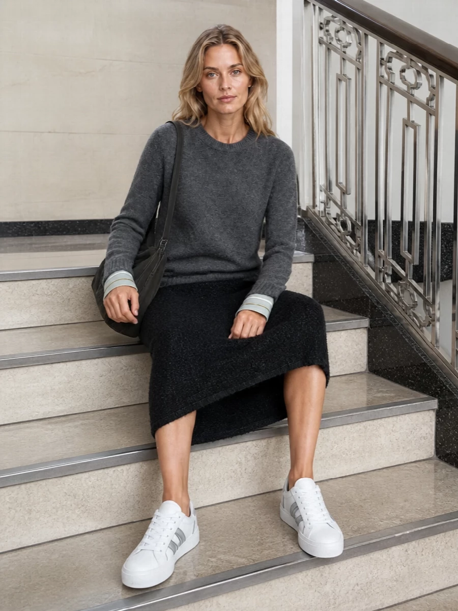 Charcoal and black stay in quiet conversation here, with the soft crew knit pared back against a slim, textured midi to keep the line long and composed. Graphic white sneakers introduce just enough lightness to echo the shirt cuffs, while the slouched charcoal bag keeps everything grounded and quietly intentional for city days that move between work and off-duty.