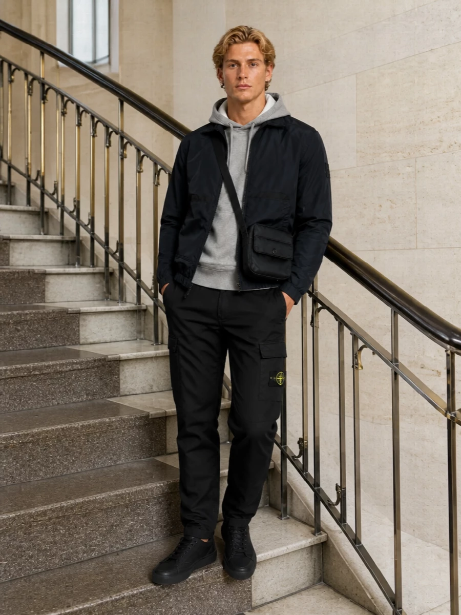 Stone island navy jacket grey hoodie black cargos