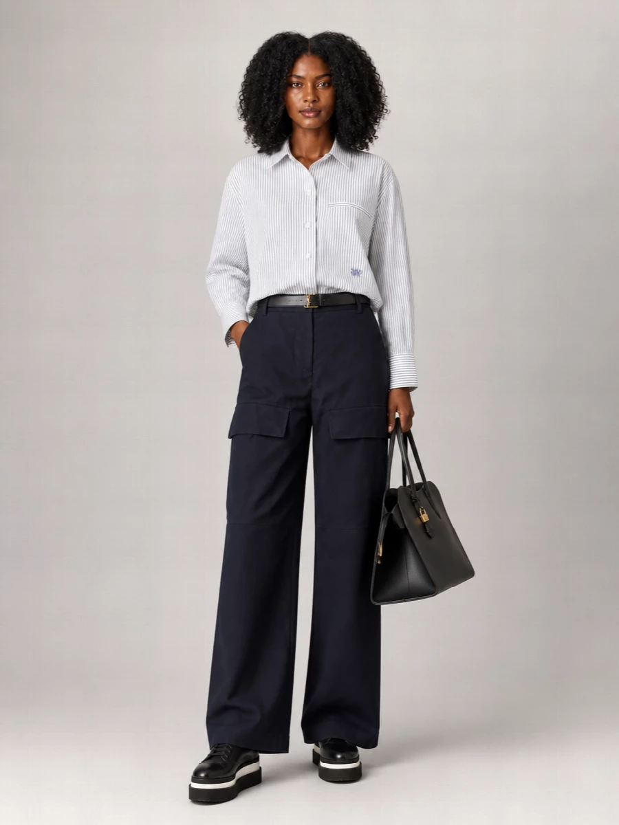 Minimalist tailoring with a quiet utilitarian edge, this pairing keeps navy and soft white in conversation so the wide-leg cargo reads sharp instead of casual. The striped shirt and belt define the waist and line, while the platform sneakers and structured tote bring modern city energy without competing with the clean proportions.