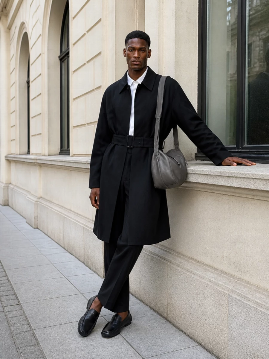 Balenciaga’s black trench is grounded with matching straight-leg tailoring and a soft white shirt, keeping the palette sharp and minimal. A low-profile driving loafer and sculptural grey shoulder bag keep the mood polished but relaxed, ideal for a city day that leans formal without feeling stiff.