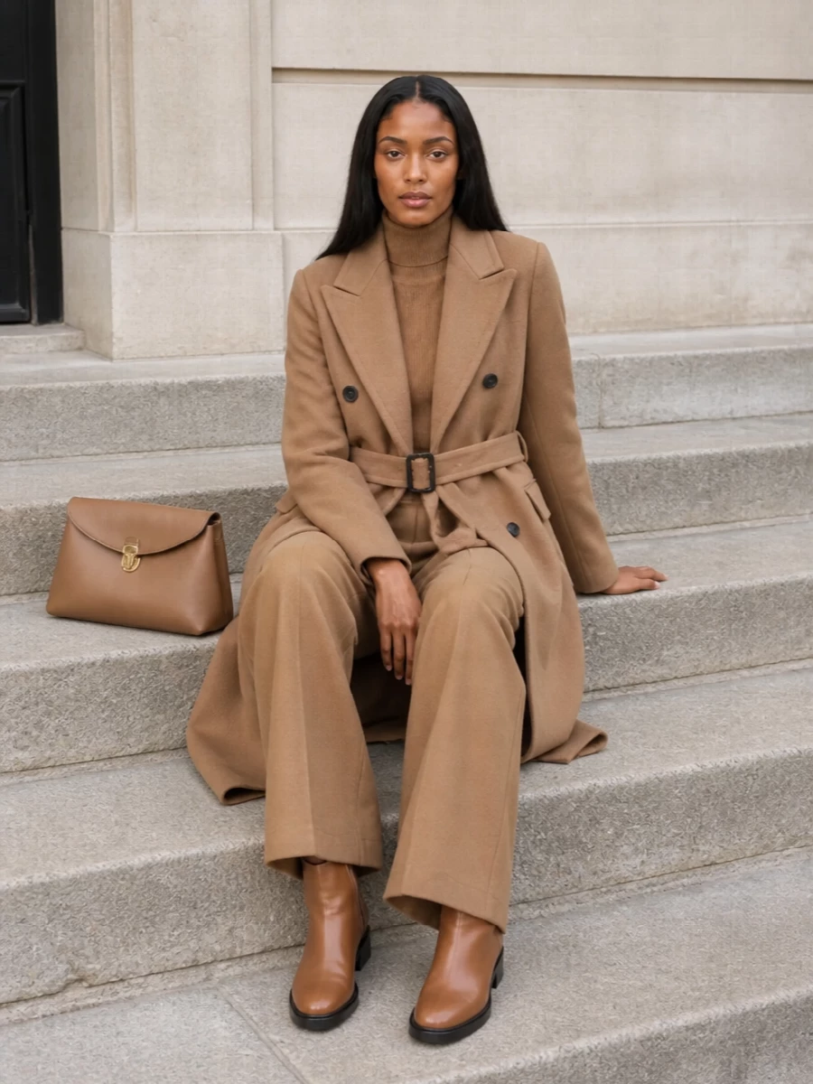 Tagliatore camel coat max mara trousers outfit