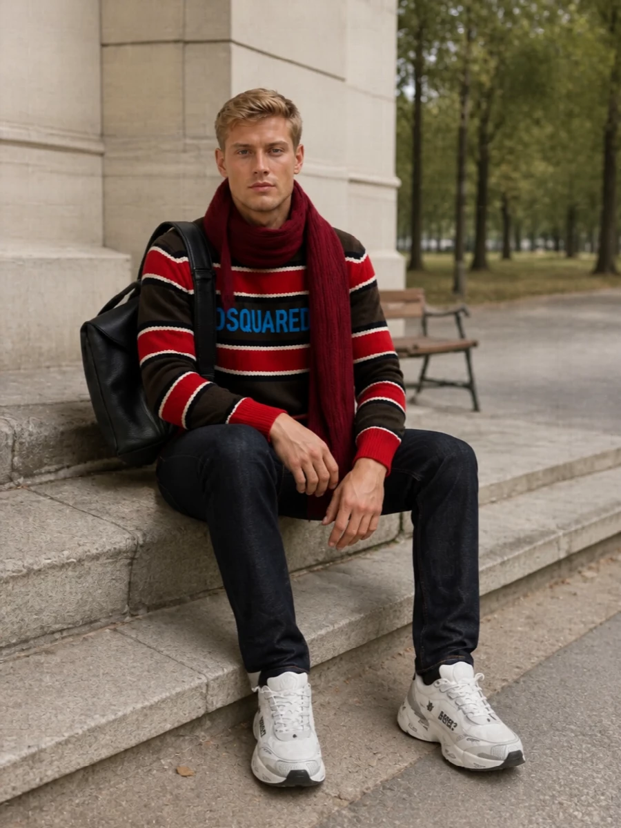 Dsquared2 striped sweater dark jeans sneakers