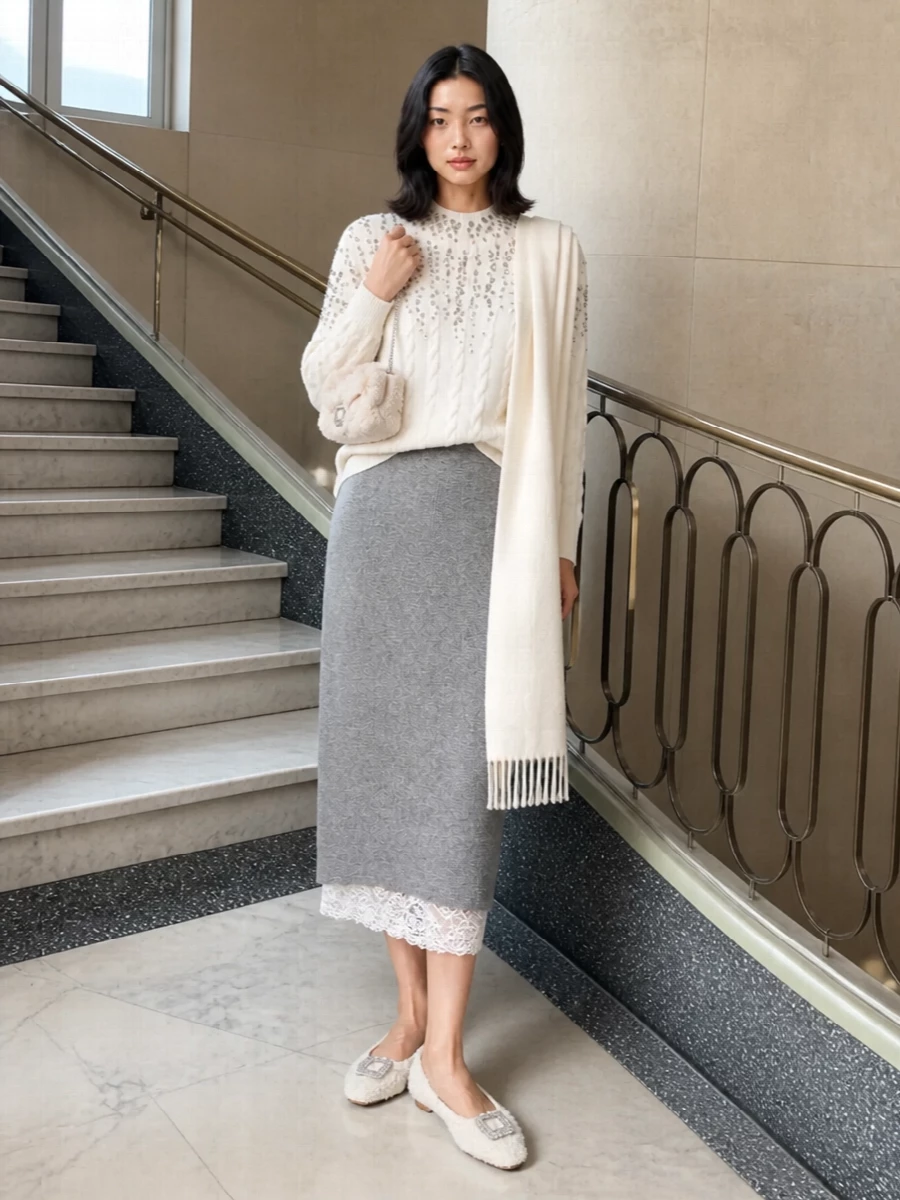 A winter-white jeweled knit paired with a heather-grey lace-trim midi skirt creates a soft column that feels cocooning yet poised for dinner or a quiet gathering. Crystal-detailed flats and a plush cream mini bag reinforce the sweater’s jewellery-like sparkle while keeping everything light on the eye. An ivory scarf adds warmth in the same hushed palette so the tonal textures, not bold color, do the talking.