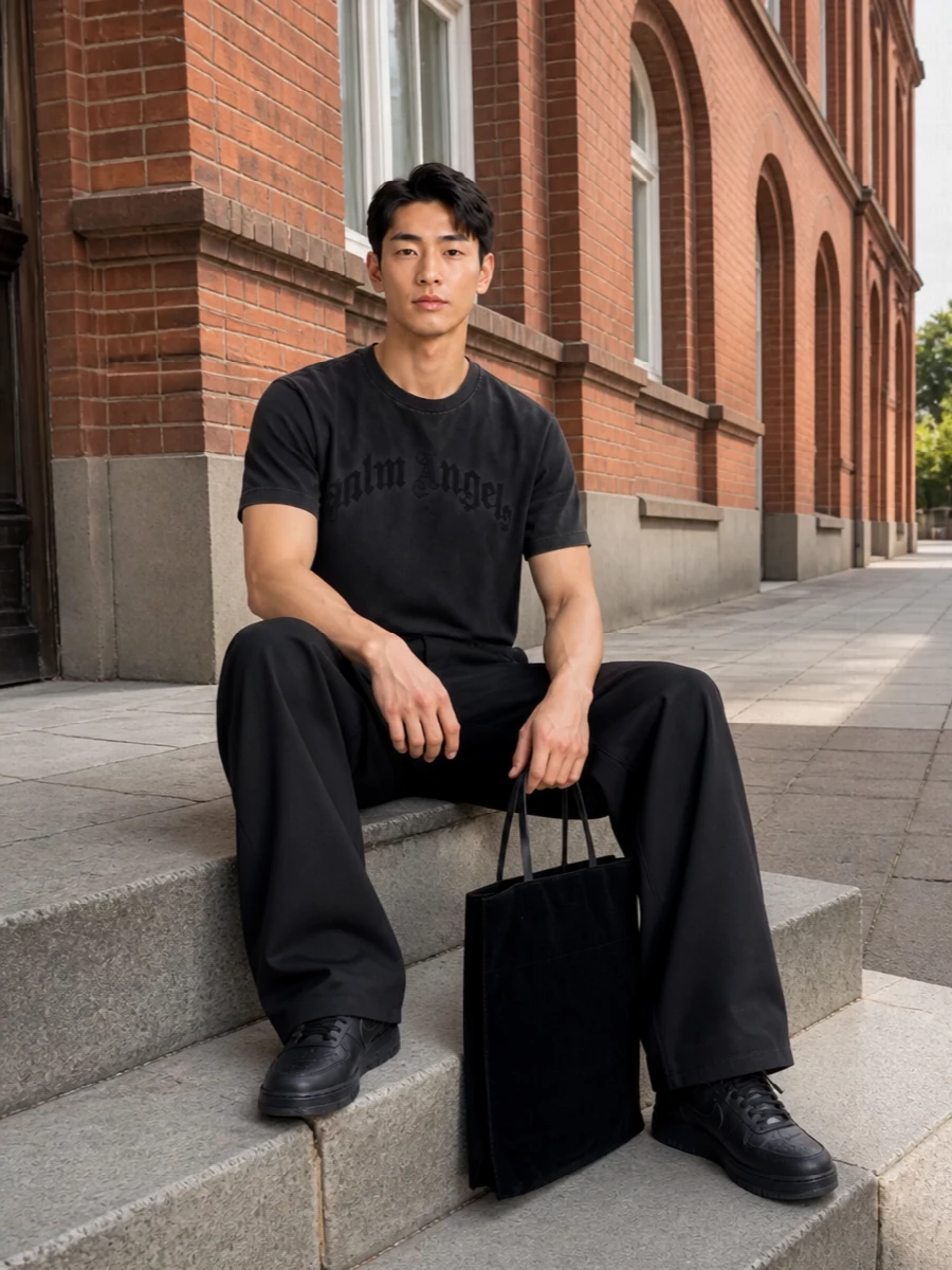 Washed black on black keeps this Palm Angels story tight, with the gothic tee sitting over loose wide-leg trousers for a relaxed, modern street profile. Sleek black sneakers and a graphic velvet tote keep everything grounded and monochrome, so the branding reads strong but controlled. It is an easy uniform for city days when you want attitude without noise.