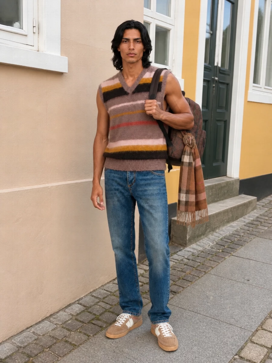 Etro striped vest mid blue jeans suede sneakers