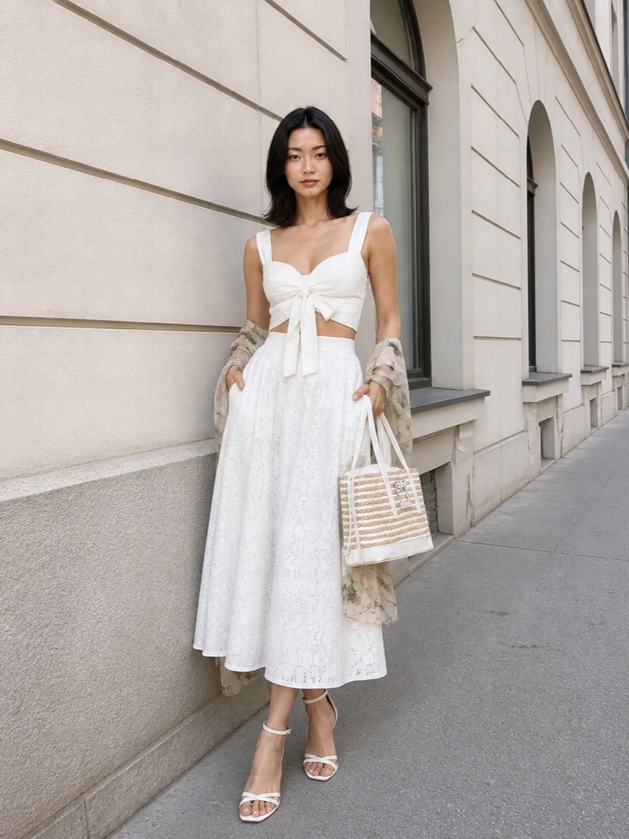 Zimmermann white broderie midi skirt outfit heels