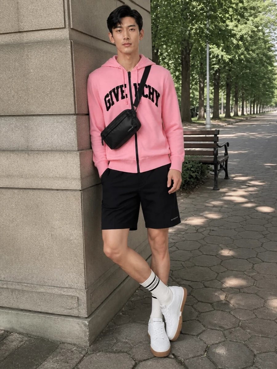 Givenchy pink hoodie black shorts sneakers outfit