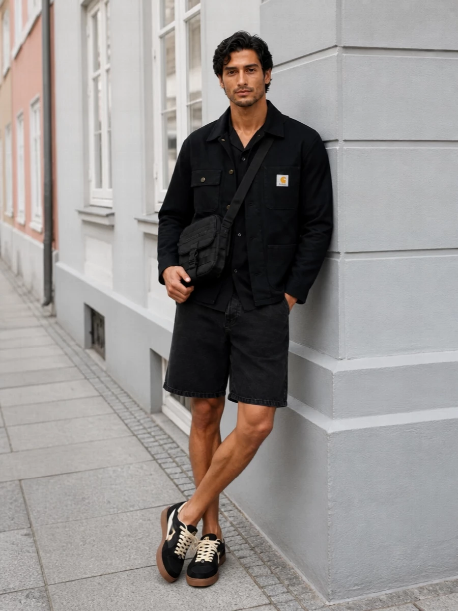 Carhartt black workwear jacket outfit shorts