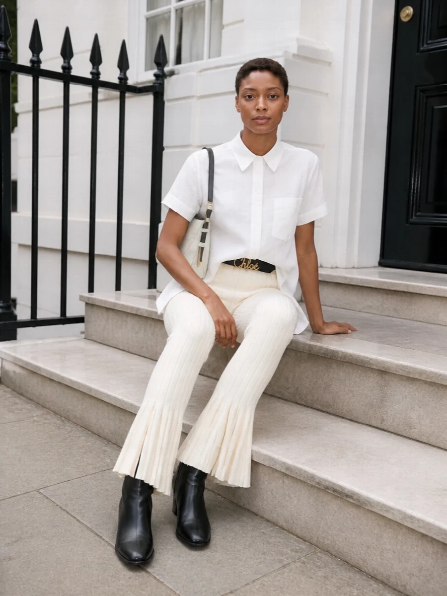 Sacai ivory knit flare pants white shirt outfit