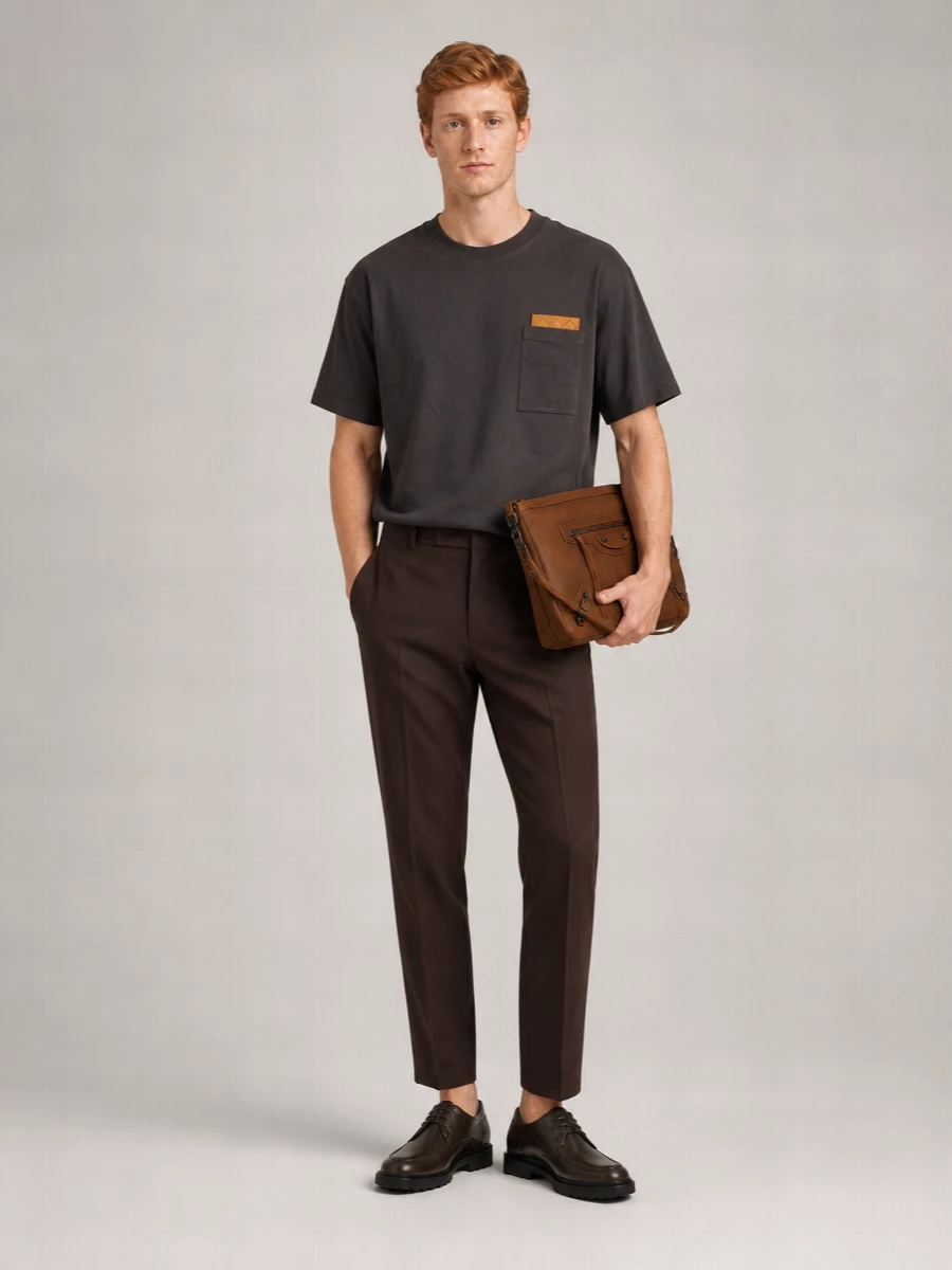 Charcoal and rich browns sit together in a tight, minimal palette, with the precise tee and cropped chocolate trouser giving a clean, modern line. The dark brown derby keeps it polished but relaxed, letting the chestnut bag read as an intentional accent rather than a statement piece. Quiet, city-ready and very considered up close.