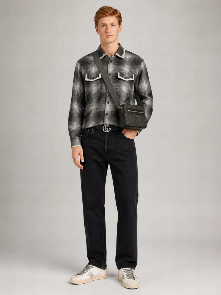 Golden Goose Wool Silk Checked Long-Sleeve Shirt