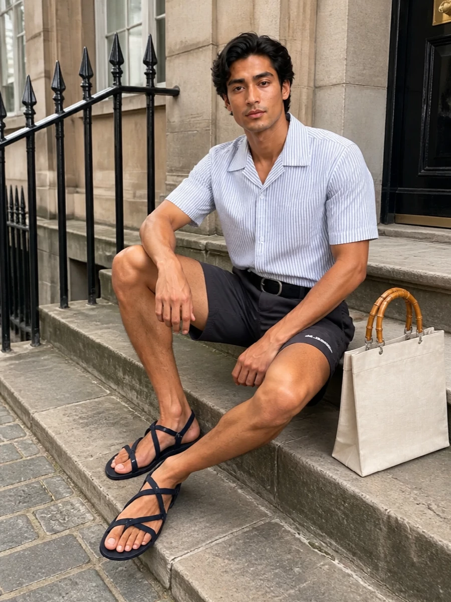 Jil sander striped shirt charcoal swim shorts outfit