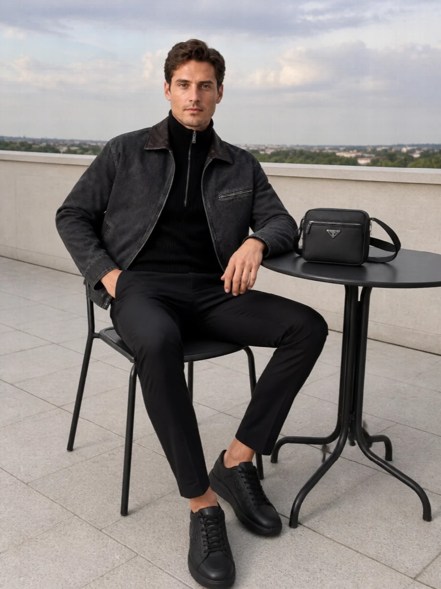 Prada charcoal jacket black trousers sneakers