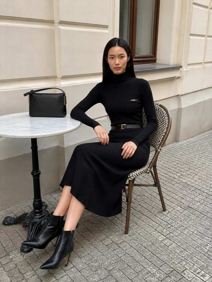 Elisabetta franchi black turtleneck midi dress outfit