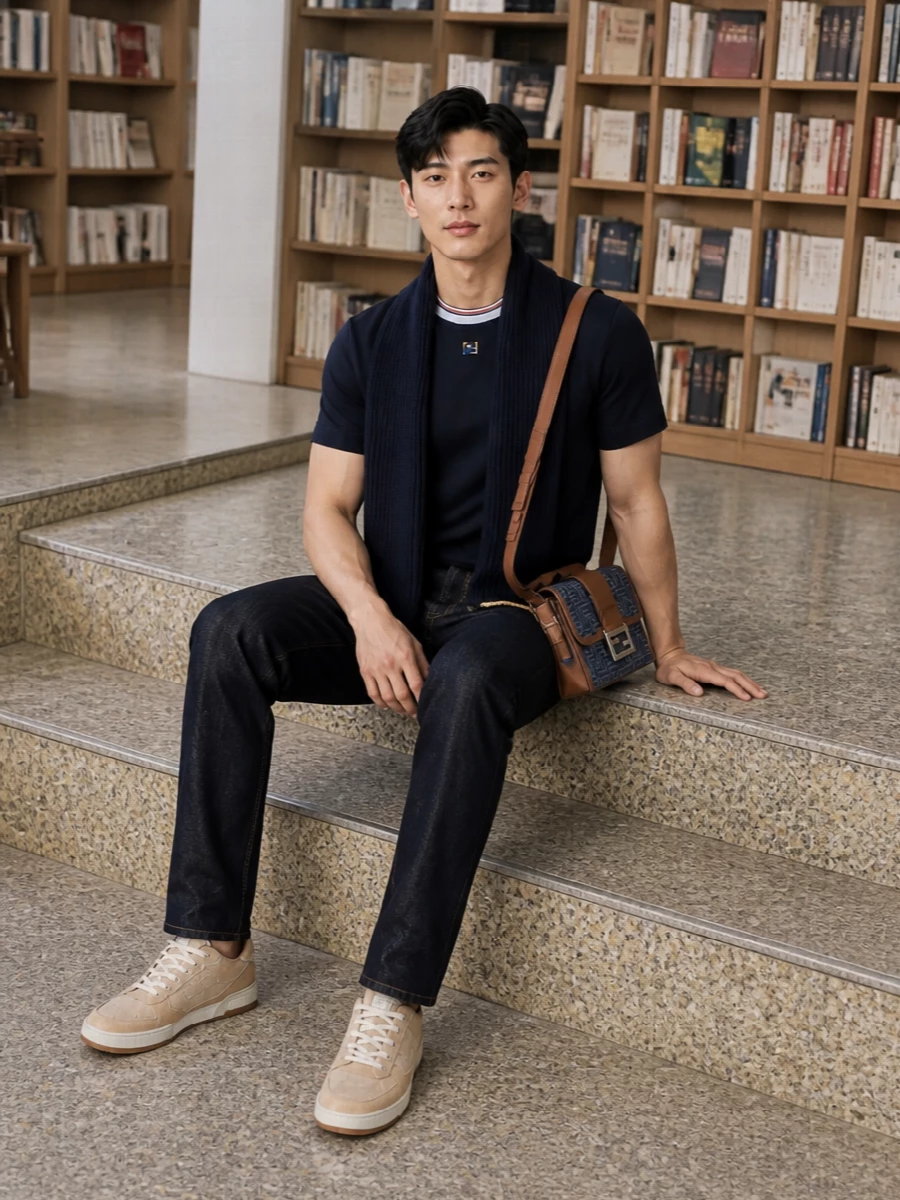Fendi navy tee dark denim beige sneakers