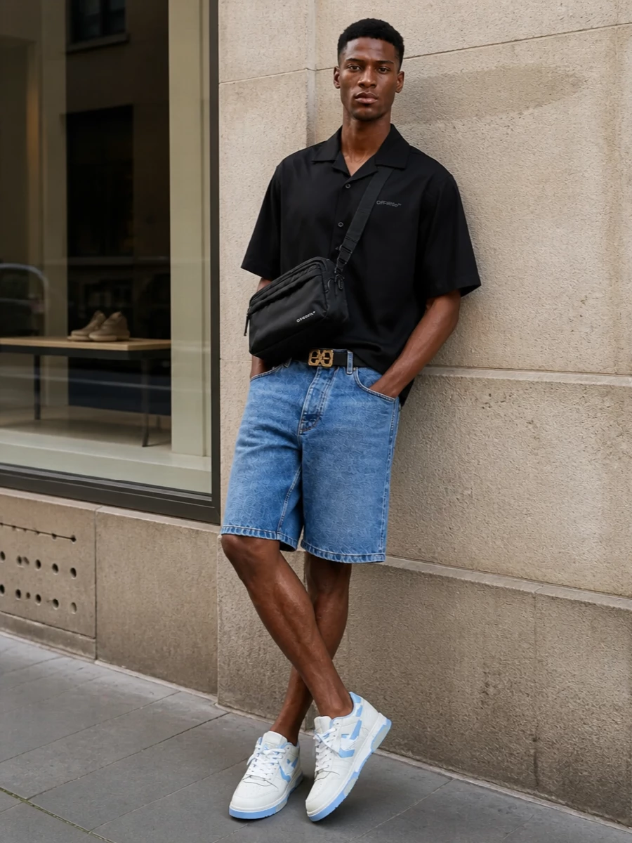 This outfit builds a quietly graphic summer uniform around the long mid-blue Off-White denim shorts, pairing them with a black boxy camp shirt for a clean, urban contrast. Powder-blue accented sneakers pick up the denim tones and inject a fresh court-sport feel, while the sleek Givenchy belt bag and a sculptural Balenciaga belt add just enough hardware and structure to keep the silhouette sharp and intentional. The result is relaxed but elevated streetwear that feels effortless for city days and warm evenings alike.