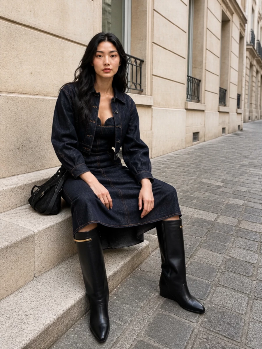 Givenchy denim jacket midi dress outfit