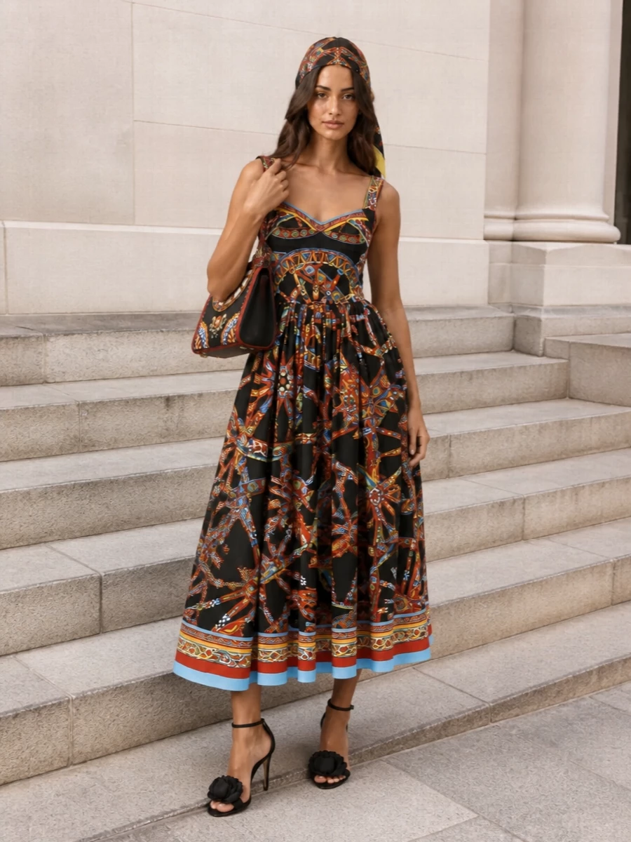 This is pure Dolce romanticism, with the cartwheel-print scarf and matching black-based midi dress reading as one cinematic Sicilian story. The sculpted floral stilettos and printed Sicily bag keep the mood opulent but controlled, so the drama feels intentional rather than chaotic. I chose the dress path over separates to let the scarf frame the face and hair while the body stays in one fluid, print-rich column.